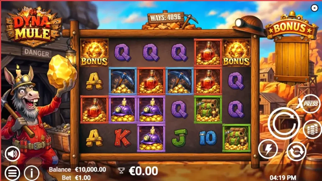 Tampilan visual slot Dyna Mule dengan tema tambang dan mekanik Wild yang dinamis